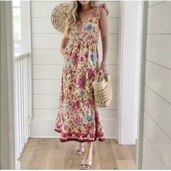 NWT House of Harlow Zoey Khaki Floral Bohemian Smocked Maxi Dress Medium $268 - Picture 3 of 11